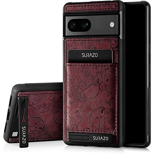 SURAZO Premium Echtleder Back case für Google Pixel 7A Hülle – Stoßfestes Leder Handyhülle Cover mit [Kartenfach, Standfunktion, Schlüsselanhänger] Floral Slim Bumper Schutzhülle (Ornament Burgund) von SURAZO