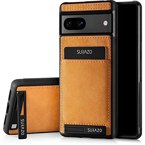 SURAZO Premium Echtleder Back case für Google Pixel 7A Hülle – Stoßfestes Leder Handyhülle Cover mit [Kartenfach, Standfunktion, Schlüsselanhänger] Vintage Slim Bumper Schutzhülle (Camel) von SURAZO