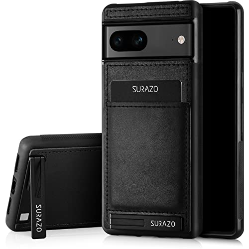 SURAZO Premium Echtleder Back case für Google Pixel 7A Hülle – Stoßfestes Leder Handyhülle Cover mit [Kartenfach, Standfunktion, Schlüsselanhänger] Vintage Slim Bumper Schutzhülle (Costa Schwarz) von SURAZO