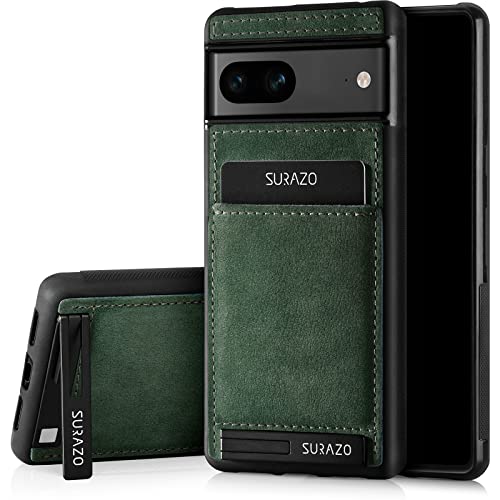 SURAZO Premium Echtleder Back case für Google Pixel 7A Hülle – Stoßfestes Leder Handyhülle Cover mit [Kartenfach, Standfunktion, Schlüsselanhänger] Vintage Slim Bumper Schutzhülle (Dunkelgrün) von SURAZO