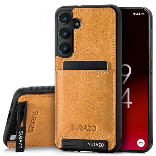 SURAZO Premium Echtleder Back case für Samsung Galaxy A15 Hülle – Stoßfestes Leder Handyhülle Cover mit [Kartenfach, Standfunktion, Schlüsselanhänger] Vintage Slim Bumper Schutzhülle (Camel) von SURAZO