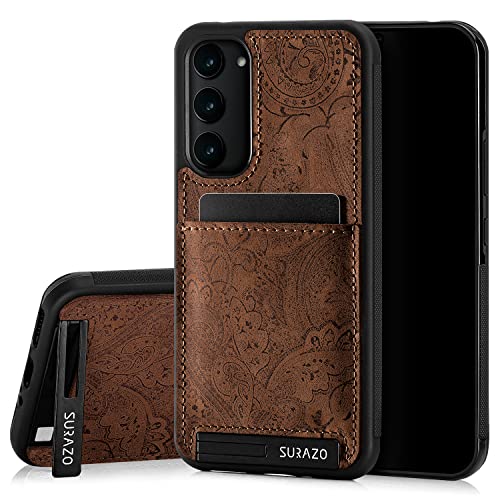 SURAZO Premium Echtleder Back case für Samsung Galaxy A54 Hülle – Stoßfestes Leder Handyhülle Cover [Kartenfach, Standfunktion, Schlüsselring] Floral Slim Bumper Schutzhülle (Ornament Braun) von SURAZO