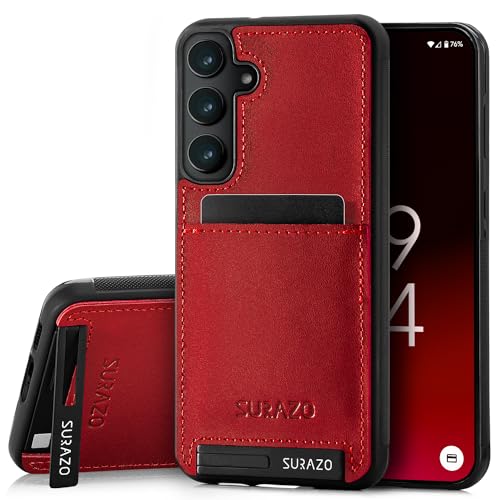 SURAZO Premium Echtleder Back case für Samsung Galaxy A55 Hülle – Stoßfestes Leder Handyhülle Cover [Kartenfach, Standfunktion, Schlüsselanhänger] Vintage Slim Bumper Schutzhülle (Costa Rot) von SURAZO