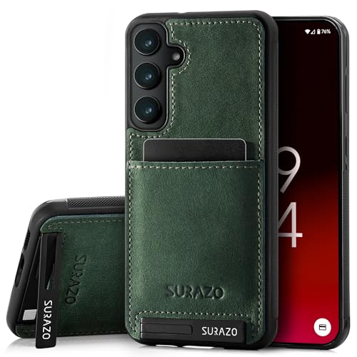 SURAZO Premium Echtleder Back case für Samsung Galaxy A55 Hülle – Stoßfestes Leder Handyhülle Cover [Kartenfach, Standfunktion, Schlüsselanhänger] Vintage Slim Bumper Schutzhülle (Dunkelgrün) von SURAZO