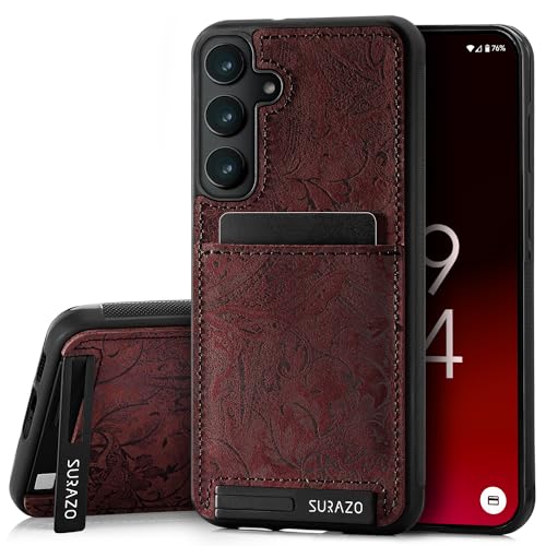 SURAZO Premium Echtleder Back case für Samsung Galaxy A55 Hülle – Stoßfestes Leder Handyhülle Cover [Kartenfach, Standfunktion, Schlüsselring] Floral Slim Bumper Schutzhülle (Ornament Burgund) von SURAZO