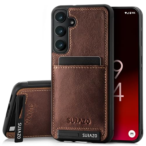 SURAZO Premium Echtleder Back case für Samsung Galaxy S23 FE Hülle – Stoßfestes Leder Handyhülle Cover [Kartenfach, Standfunktion, Schlüsselanhänger] Vintage Slim Bumper Schutzhülle (Nussbraun) von SURAZO