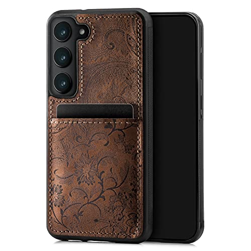 SURAZO Premium Echtleder Back case für Samsung Galaxy S23 Hülle – Stoßfestes Leder Handyhülle Cover [Kartenfach, Schlüsselanhänger] Floral Slim Bumper Schutzhülle (Ornament Braun) von SURAZO