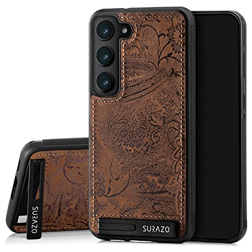 SURAZO Premium Echtleder Back case für Samsung Galaxy S23 Hülle – Stoßfestes Leder Handyhülle Cover [Standfunktion, Schlüsselanhänger] Floral Slim Bumper Schutzhülle (Ornament Braun) von SURAZO