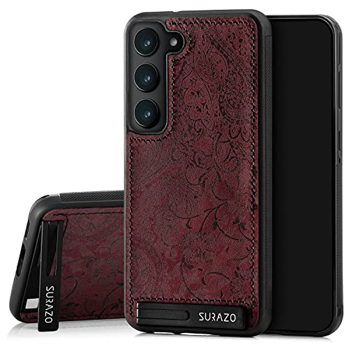 SURAZO Premium Echtleder Back case für Samsung Galaxy S23 Hülle – Stoßfestes Leder Handyhülle Cover [Standfunktion, Schlüsselanhänger] Floral Slim Bumper Schutzhülle (Ornament Burgund) von SURAZO