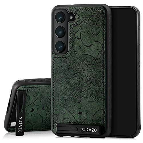 SURAZO Premium Echtleder Back case für Samsung Galaxy S23 Hülle – Stoßfestes Leder Handyhülle Cover [Standfunktion, Schlüsselanhänger] Floral Slim Bumper Schutzhülle (Ornament Grün) von SURAZO