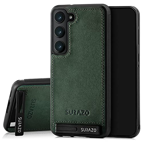 SURAZO Premium Echtleder Back case für Samsung Galaxy S23 Hülle – Stoßfestes Leder Handyhülle Cover [Standfunktion, Schlüsselanhänger] Vintage Slim Bumper Schutzhülle (Dunkelgrün) von SURAZO