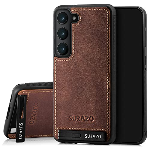 SURAZO Premium Echtleder Back case für Samsung Galaxy S23 Hülle – Stoßfestes Leder Handyhülle Cover [Standfunktion, Schlüsselanhänger] Vintage Slim Bumper Schutzhülle (Nussbraun) von SURAZO