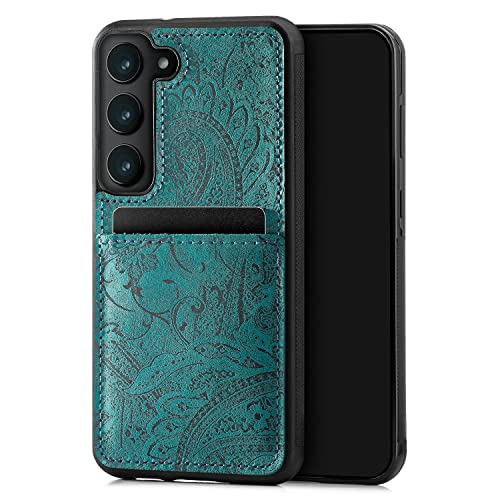 SURAZO Premium Echtleder Back case für Samsung Galaxy S23 Hülle – Stoßfestes Leder Handyhülle Cover mit [Kartenfach, Schlüsselanhänger] Floral Slim Bumper Schutzhülle (Ornament Türkis) von SURAZO