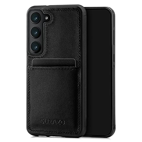 SURAZO Premium Echtleder Back case für Samsung Galaxy S23 Hülle – Stoßfestes Leder Handyhülle Cover mit [Kartenfach, Schlüsselanhänger] Vintage Slim Bumper Schutzhülle (Schwarz) von SURAZO