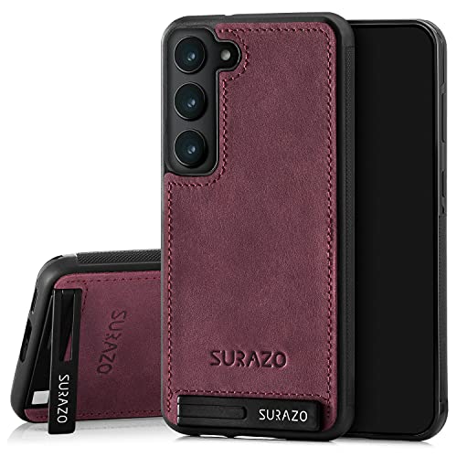 SURAZO Premium Echtleder Back case für Samsung Galaxy S23 Hülle – Stoßfestes Leder Handyhülle Cover mit [Standfunktion, Schlüsselanhänger] Vintage Slim Bumper Schutzhülle (Burgund) von SURAZO