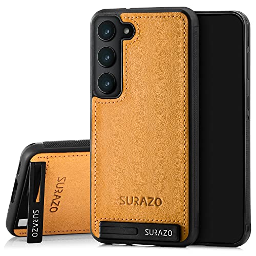 SURAZO Premium Echtleder Back case für Samsung Galaxy S23 Hülle – Stoßfestes Leder Handyhülle Cover mit [Standfunktion, Schlüsselanhänger] Vintage Slim Bumper Schutzhülle (Camel) von SURAZO