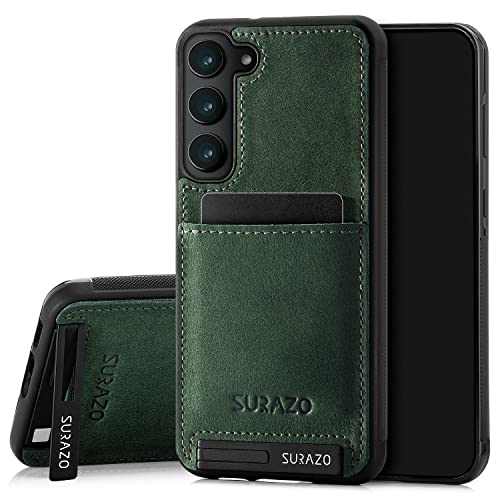 SURAZO Premium Echtleder Back case für Samsung Galaxy S23 Plus Hülle – Stoßfestes Leder Handyhülle Cover [Kartenfach, Standfunktion, Schlüsselanhänger] Vintage Slim Bumper Schutzhülle (Dunkelgrün) von SURAZO