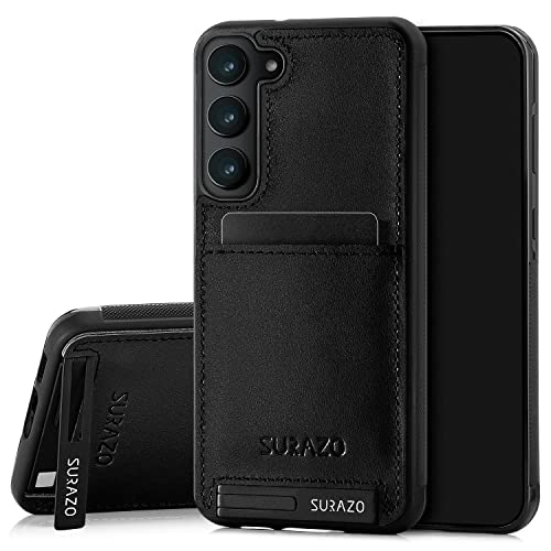 SURAZO Premium Echtleder Back case für Samsung Galaxy S23 Plus Hülle – Stoßfestes Leder Handyhülle Cover mit [Kartenfach, Standfunktion, Schlüsselanhänger] Vintage Slim Bumper Schutzhülle (Schwarz) von SURAZO