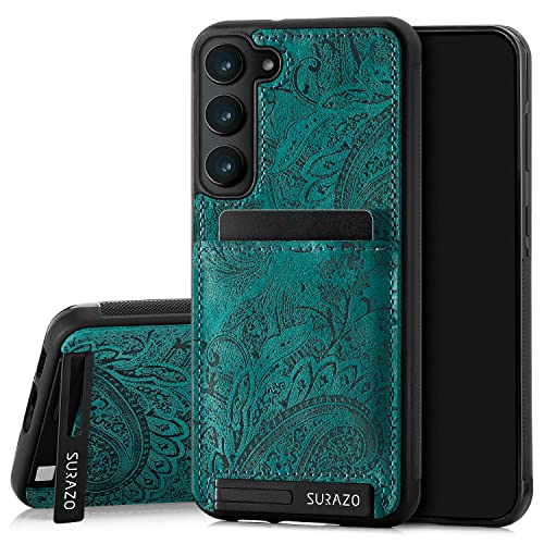 SURAZO Premium Echtleder Back case für Samsung Galaxy S23 Plus Hülle – Stoßfestes Leder Handyhülle Cover mit [Kartenfach, Standfunktion, Schlüsselring] Floral Slim Bumper Schutzhülle (Ornament Türkis) von SURAZO