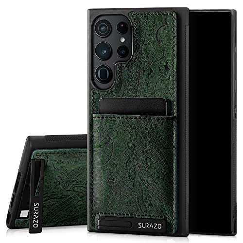 SURAZO Premium Echtleder Back case für Samsung Galaxy S23 Ultra Hülle – Stoßfestes Leder Handyhülle Cover [Kartenfach, Standfunktion, Schlüsselring] Floral Slim Bumper Schutzhülle (Ornament Grün) von SURAZO