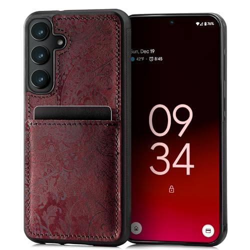 SURAZO Premium Echtleder Back case für Samsung Galaxy S24 Hülle – Stoßfestes Leder Handyhülle Cover [Kartenfach, Schlüsselanhänger] Floral Slim Bumper Schutzhülle (Ornament Burgund) von SURAZO