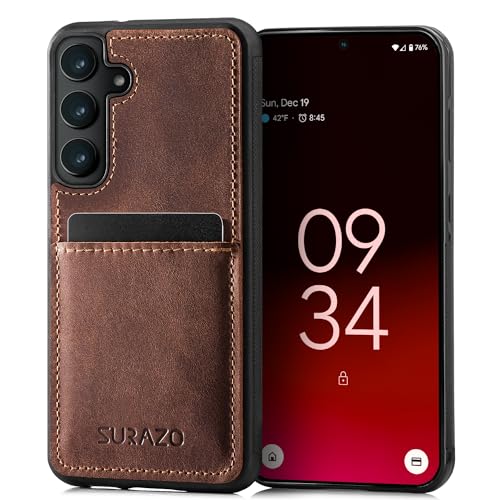 SURAZO Premium Echtleder Back case für Samsung Galaxy S24 Hülle – Stoßfestes Leder Handyhülle Cover [Kartenfach, Schlüsselanhänger] Vintage Slim Bumper Schutzhülle (Nussbraun) von SURAZO