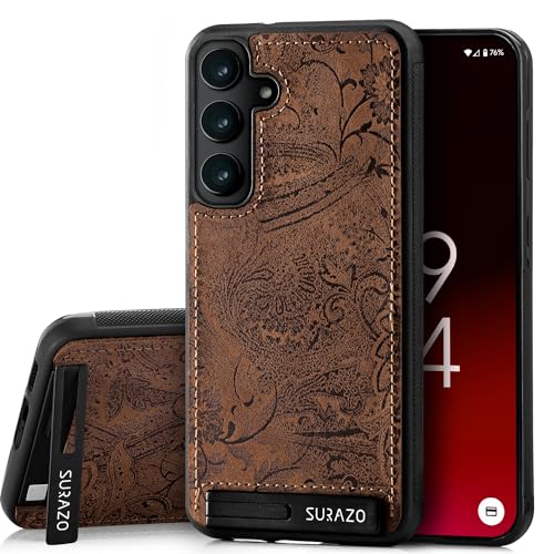 SURAZO Premium Echtleder Back case für Samsung Galaxy S24 Hülle – Stoßfestes Leder Handyhülle Cover [Standfunktion, Schlüsselanhänger] Floral Slim Bumper Schutzhülle (Ornament Braun) von SURAZO