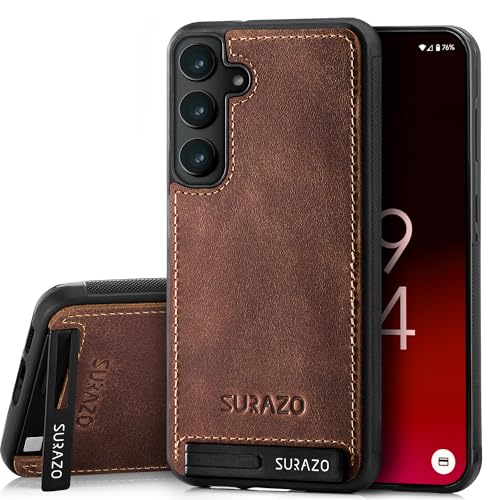 SURAZO Premium Echtleder Back case für Samsung Galaxy S24 Hülle – Stoßfestes Leder Handyhülle Cover [Standfunktion, Schlüsselanhänger] Vintage Slim Bumper Schutzhülle (Nussbraun) von SURAZO