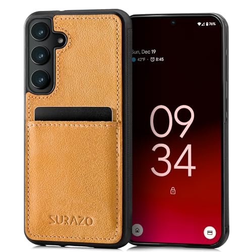 SURAZO Premium Echtleder Back case für Samsung Galaxy S24 Hülle – Stoßfestes Leder Handyhülle Cover mit [Kartenfach, Schlüsselanhänger] Vintage Slim Bumper Schutzhülle (Camel) von SURAZO