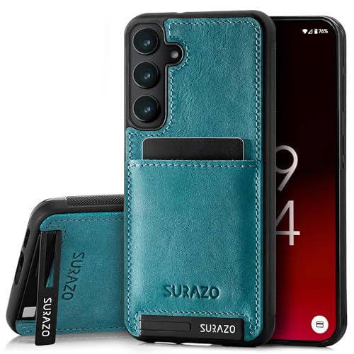 SURAZO Premium Echtleder Back case für Samsung Galaxy S24 Plus Hülle – Stoßfestes Leder Handyhülle Cover mit [Kartenfach, Standfunktion, Schlüsselanhänger] Vintage Slim Bumper Schutzhülle (Türkis) von SURAZO