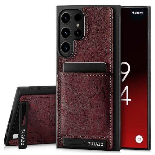 SURAZO Premium Echtleder Back case für Samsung Galaxy S24 Ultra Hülle – Stoßfestes Leder Handyhülle Cover [Kartenfach, Standfunktion, Schlüsselring] Floral Slim Bumper Schutzhülle (Ornament Burgund) von SURAZO