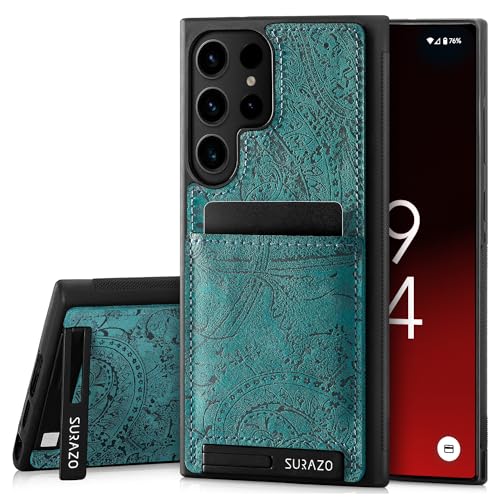 SURAZO Premium Echtleder Back case für Samsung Galaxy S24 Ultra Hülle – Stoßfestes Leder Handyhülle Cover [Kartenfach, Standfunktion, Schlüsselring] Floral Slim Bumper Schutzhülle (Ornament Türkis) von SURAZO