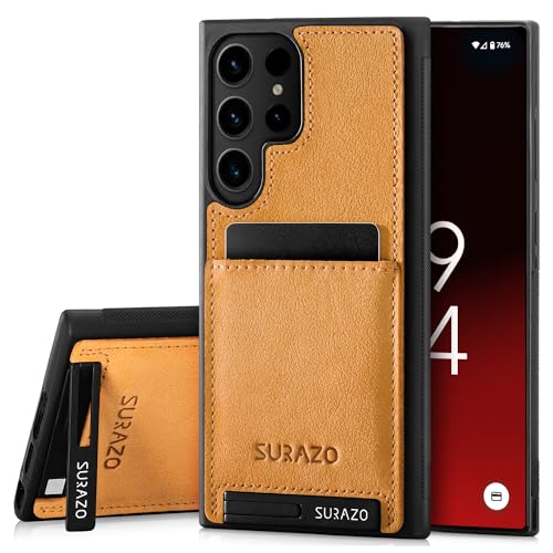 SURAZO Premium Echtleder Back case für Samsung Galaxy S24 Ultra Hülle – Stoßfestes Leder Handyhülle Cover mit [Kartenfach, Standfunktion, Schlüsselanhänger] Vintage Slim Bumper Schutzhülle (Camel) von SURAZO