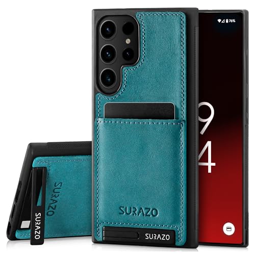 SURAZO Premium Echtleder Back case für Samsung Galaxy S24 Ultra Hülle – Stoßfestes Leder Handyhülle Cover mit [Kartenfach, Standfunktion, Schlüsselanhänger] Vintage Slim Bumper Schutzhülle (Türkis) von SURAZO