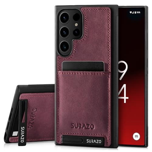 SURAZO Premium Echtleder Back case für Samsung Galaxy S24 Ultra Hülle – Stoßfestes Leder Handyhülle Cover mit [Kartenfach, Standfunktion, Schlüsselanhänger] Vintage Slim Bumper Schutzhülle (Burgund) von SURAZO