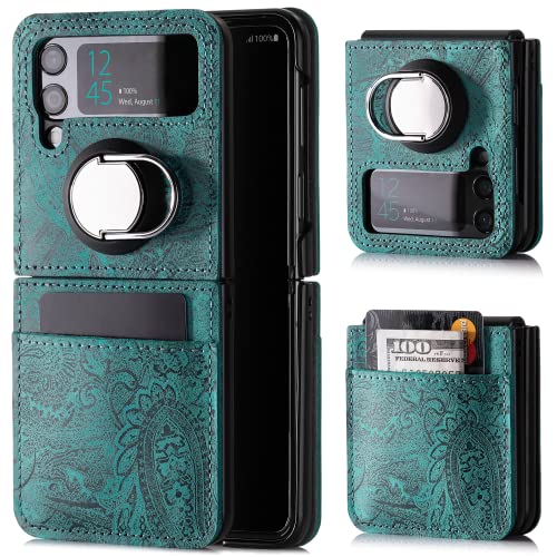 SURAZO Premium Echtleder Back case für Samsung Galaxy Z Flip 4 Hülle – Stoßfestes Leder Handyhülle Cover mit [Kartenfach, Ring Standfunktion] Floral Slim Bumper Schutzhülle (Ornament Türkis) von SURAZO