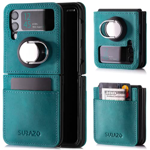 SURAZO Premium Echtleder Back case für Samsung Galaxy Z Flip 4 Hülle – Stoßfestes Leder Handyhülle Cover mit [Kartenfach, Ring Standfunktion] Vintage Slim Bumper Schutzhülle (Türkis) von SURAZO