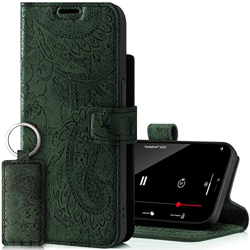 SURAZO Premium Handyhülle für Apple iPhone 14 Plus Hülle Leder – Klappbare Echtleder Schutzhülle [mit Magnet, Kartenfach, RFID Schutz, Blumenmuster] Flip Klapphülle Wallet Case Cover Lederhülle (Grün) von SURAZO