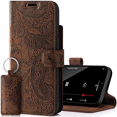 SURAZO Premium Handyhülle für Apple iPhone 14 Plus Hülle Leder – Klappbare Echtleder Schutzhülle [mit Magnet, Kartenfach, RFID Schutz, Blumenmuster] Klapphülle Wallet Case Cover Lederhülle (Braun) von SURAZO