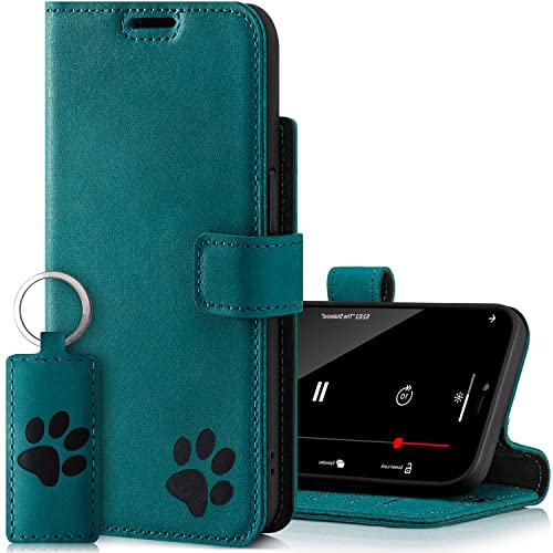 SURAZO Premium Handyhülle für Apple iPhone 14 Plus – Premium Echtleder Schutzhülle mit Pfote Motiv – RFID Klapphülle [mit Magnet, Standfunktion, Kartenfach] Cover Hülle Leder Case Lederhülle (Türkis) von SURAZO