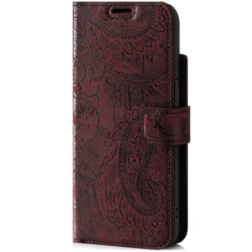 SURAZO Premium Handyhülle für Apple iPhone 14 Pro Hülle Leder – Klappbare Echtleder Schutzhülle [mit Magnet, Kartenfach, RFID Schutz, Blumenmuster] Klapphülle Wallet Case Cover Lederhülle (Burgund) von SURAZO