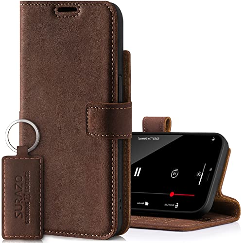 SURAZO Premium Handyhülle für Apple iPhone 14 Pro Hülle Leder – Klappbare Echtleder Schutzhülle [mit Magnet, Kartenfach, RFID Schutz] Flip Klapphülle Wallet Case Cover Lederhülle (Nussbraun) von SURAZO