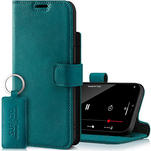 SURAZO Premium Handyhülle für Apple iPhone 14 Pro Max Hülle Leder – Klappbare Echtleder Schutzhülle [mit Magnet, Kartenfach, RFID Schutz] Flip Klapphülle Wallet Case Cover Lederhülle (Türkis) von SURAZO