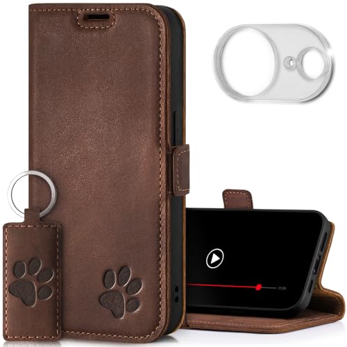 SURAZO Premium Handyhülle für Apple iPhone 16e Hülle mit Kameraschutz - Echtleder Flip Case Schutzhülle [Kartenfächern] [RFID Schutz] [Ständer] [Pfote Motiv] Klappbar Lederhülle (Nussbraun) von SURAZO