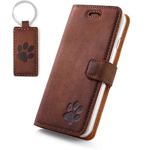 SURAZO Premium Handyhülle für Apple iPhone 6 6s – Echtleder Hülle mit Pfote Motiv – Vintage Leder Klapphülle mit Standfunktion, Kartenfächer, Schlüsselring - Handmade RFID Schutzhülle Case (Nussbraun) von SURAZO