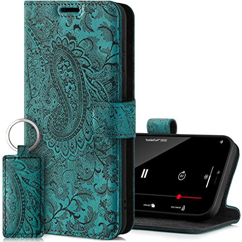 SURAZO Premium Handyhülle für Google Pixel 6 5G Hülle Leder – Klappbare Echtleder Schutzhülle [Kartenfach, RFID Schutz, Schlüsselring, Blumenmuster] Klapphülle Wallet Case Cover Lederhülle (Türkis) von SURAZO