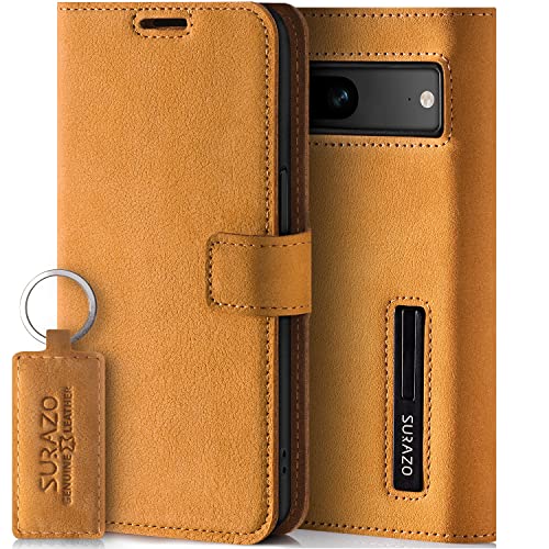 SURAZO Premium Handyhülle für Google Pixel 7A 5G Hülle Leder – Klappbare Echtleder Schutzhülle [mit Magnet, Kartenfach, RFID Schutz, Keyring] Flip Klapphülle Wallet Case Cover Lederhülle (Camel) von SURAZO