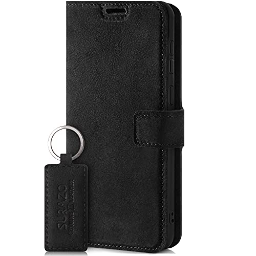 SURAZO Premium Handyhülle für OnePlus 10 Pro 5G Hülle Leder – Klappbare Echtleder Schutzhülle [Kartenfach, RFID Schutz, Schlüsselanhänger] Klapphülle Wallet Case Flip Cover Lederhülle (Schwarz) von SURAZO