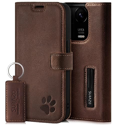 SURAZO Premium Handyhülle für Redmi Note 13 5G – Echtleder Schutzhülle mit Pfote Motiv – RFID Klapphülle [mit Magnet, Standfunktion, Kartenfach] Cover Hülle Leder Case Lederhülle (Nussbraun) von SURAZO