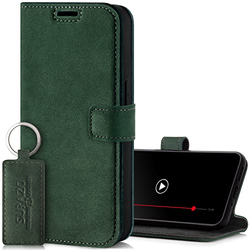 SURAZO Premium Handyhülle für Samsung Galaxy A14 5G Hülle Leder – Klappbare Echtleder Schutzhülle [Magnet, Kartenfach, RFID Schutz, Standfunktion] Klapphülle Wallet Case Cover Lederhülle (Dunkelgrün) von SURAZO